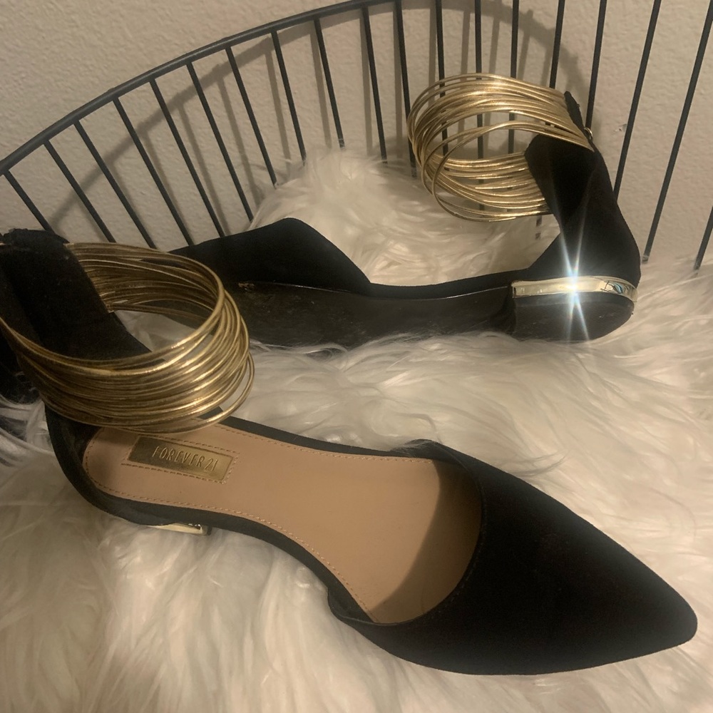 Black Pointed Toe Flats with Ankle Strap